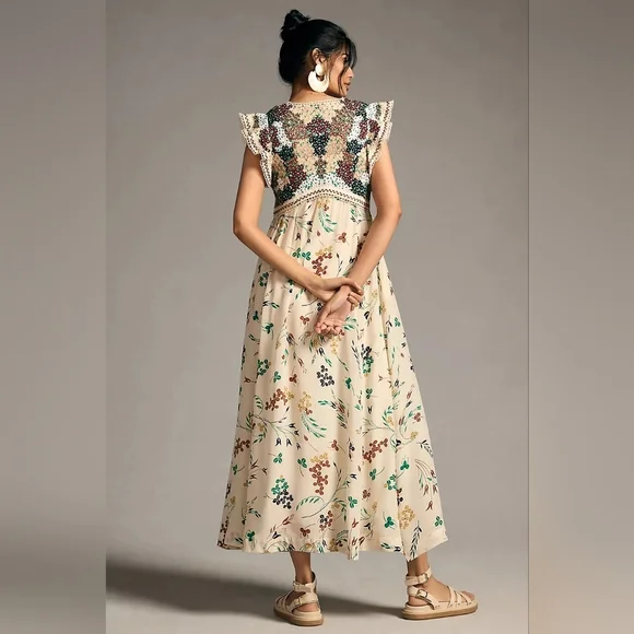 Anthropologie Floral Beige Maxi Dress/used - Picture 2 of 12